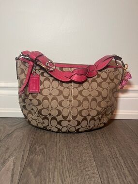 🍓 Coach Brown Signature Canvas Shoulder Bag with Pink Leather Accents